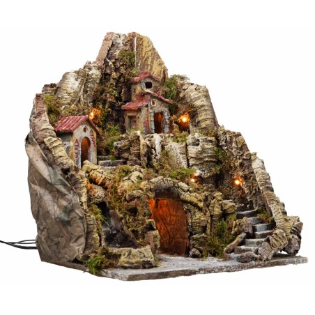 Illuminated nativity scene with stream and long staircase 35x30x40h