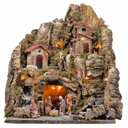 Illuminated nativity scene with stream and long staircase 35x30x40h