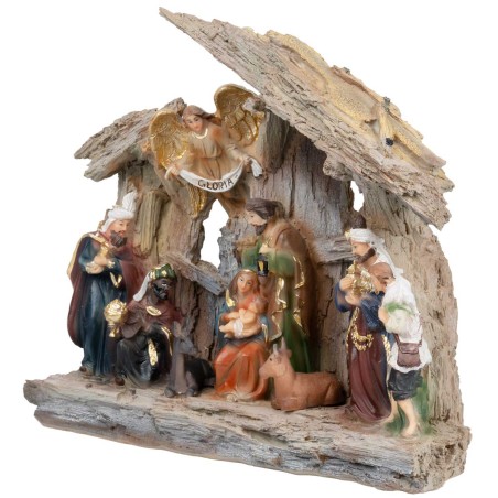 Natività in blocco con personaggi e capanna