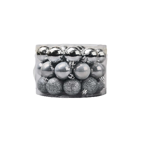 Round box with handle 42 silver balls ø 5 cm assorted for