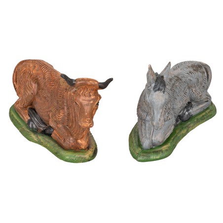 Set bue e asino seduti serie 18 cm per presepe Mondo Presepi