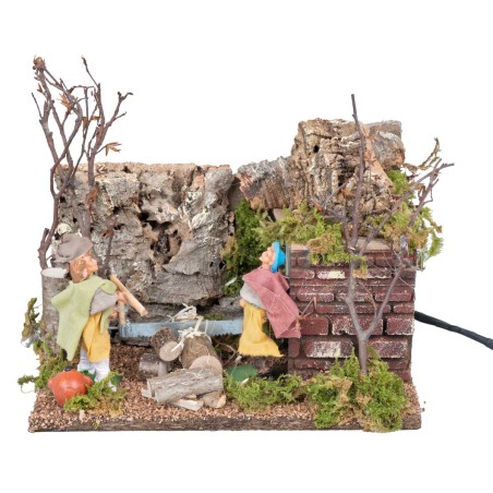 Coppia di boscaioli 10 cm in movimento con ambientazione per