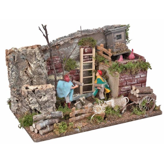 Pair of 10 cm moving lumberjacks with farm for nativity scene