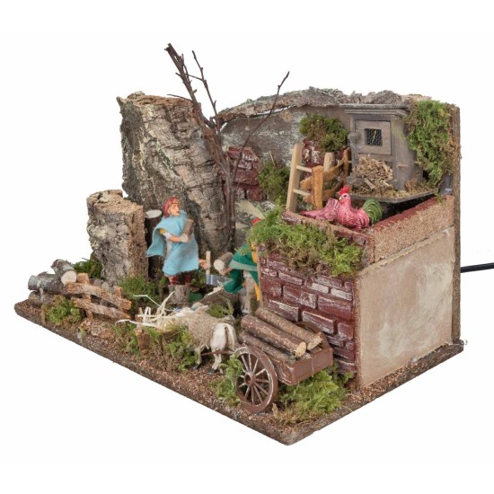 Pair of 10 cm moving lumberjacks with farm for nativity scene