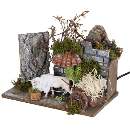 Movimento bue con carretto cm 24x16x21 per presepe Mondo Presepi