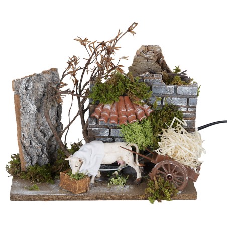 Movimento bue con carretto cm 24x16x21 per presepe Mondo Presepi