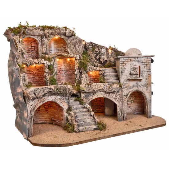 Belén Pascual iluminado con cuevas y sepulcro cm 73x45x55 h