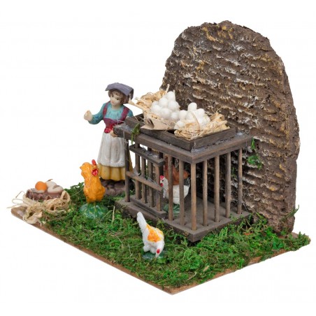 Chicken coop with peasant woman and hens cm 15x11x12 h