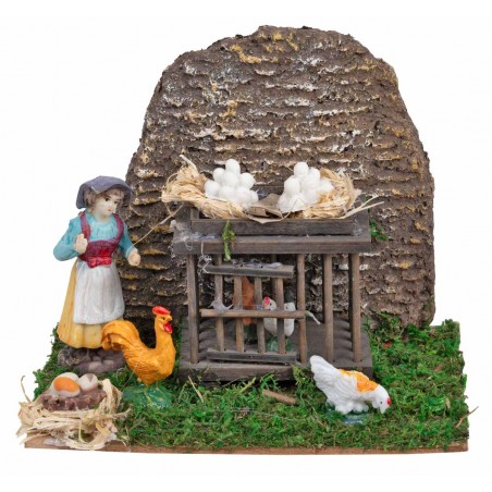 Chicken coop with peasant woman and hens cm 15x11x12 h