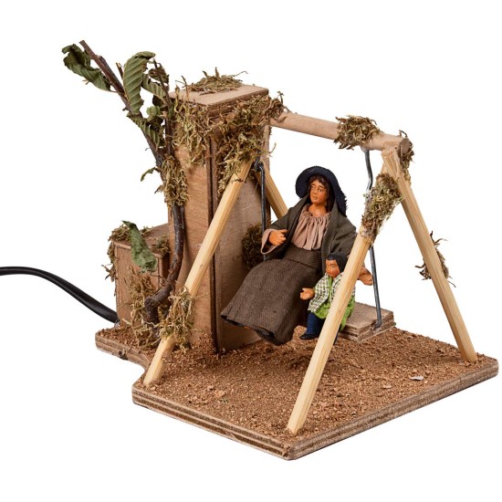 Mamma e bimbo sull'altalena in movimento 10 cm per presepe