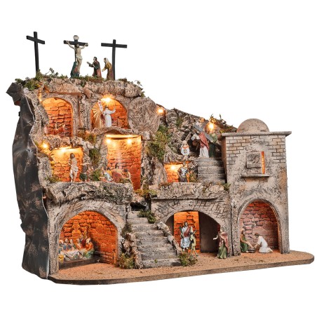 Presepe Pasquale illuminato completo di statue con grotte e