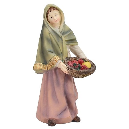 Donna con cesto di frutta 14 cm in resina per presepe Mondo
