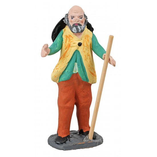 Pastor de 10 cm con bastón y sombrero en terracota pintada