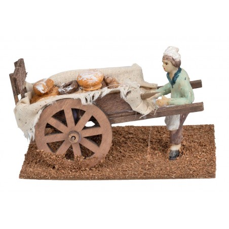 Carretto di Legno con Fornaio cm 5x4x9 h per presepe Mondo