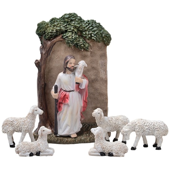 Jesús con ovejas 10 cm en resina figuritas pascuales