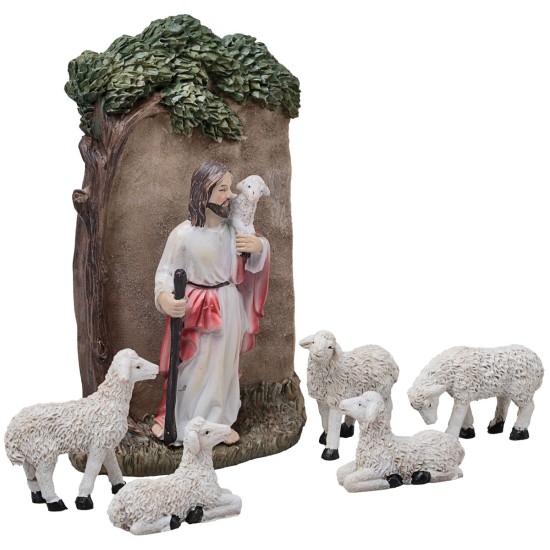 Jesús con ovejas 10 cm en resina figuritas pascuales