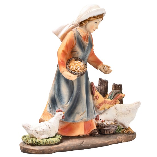 Resin peasant woman feeding chickens for Mondo Nativity scene