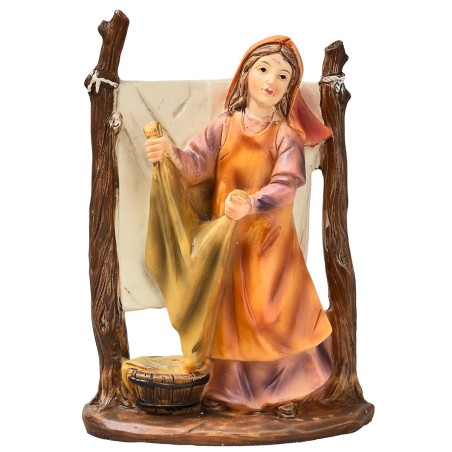 Donna che stende i panni in resina 10 cm per presepe Mondo