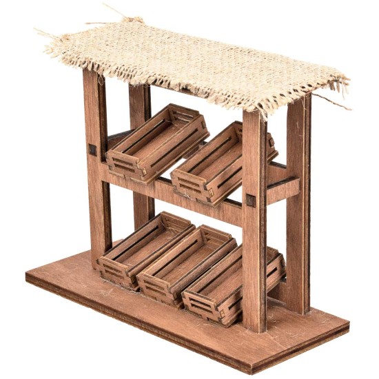 Puesto de madera con cajas y techo de yute cm 16x6.5x13 h