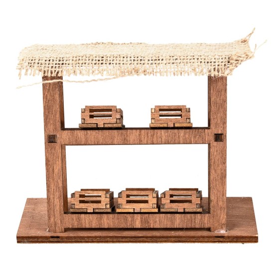 Puesto de madera con cajas y techo de yute cm 16x6.5x13 h
