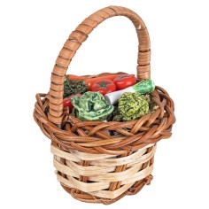 Miniature wicker basket with assorted vegetables.
