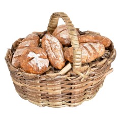 Woven wicker basket with assorted miniature bread.