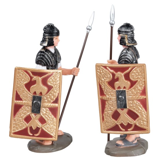 Pareja de soldados romanos con lanza y escudo en PVC 8,5 cm por