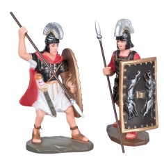Set of 2 Roman soldiers in PVC with shield and spear, height 9 cm