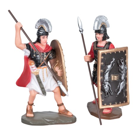 Set of 2 Roman soldiers in PVC with shield and spear, height 9 cm