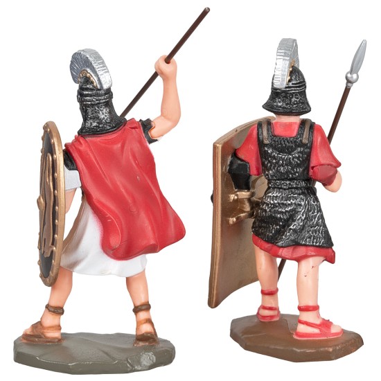 Set of 2 Roman soldiers in PVC with shield and spear, height 9 cm