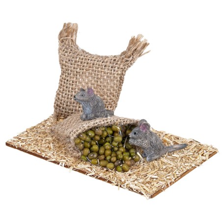 Mice eating legumes from jute sack for Nativity scene World