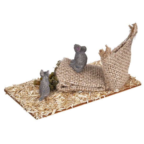 Mice eating legumes from jute sack for Nativity scene World