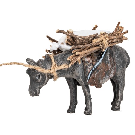 Resin donkey with bundles and sack - height 7 cm for nativity scene