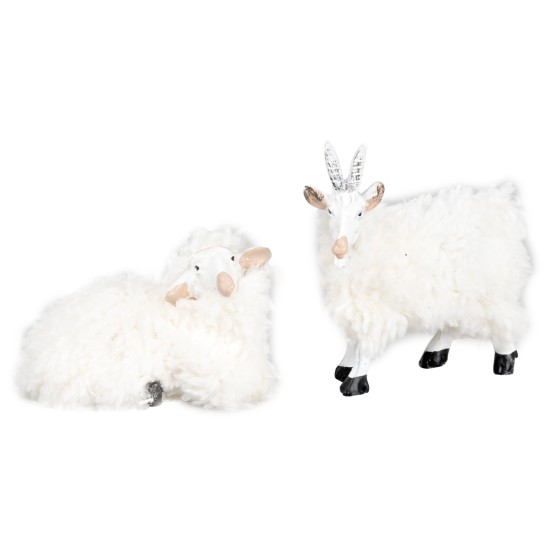 Set of goat and sheep in resin with wool for 15 cm statues