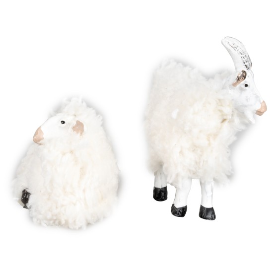 Set of goat and sheep in resin with wool for 15 cm statues