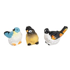 Set di tre uccellini in resina colorata altezza 1,5 cm per