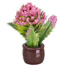 Pianta artificiale con fiori rosa scuro in vaso marrone –