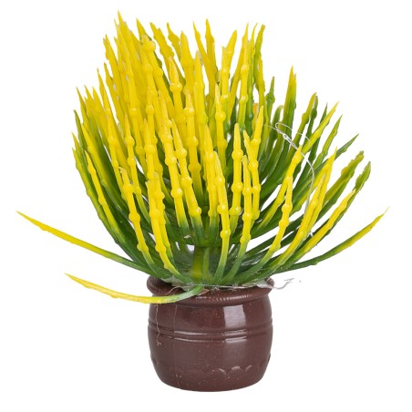 Artificial plant with yellow leaves and flowers in brown pot