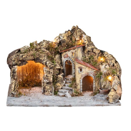 Illuminated nativity scene with cave and fountain cm for Mondo nativity scene