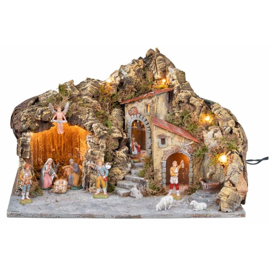 Presepe illuminato con fontana e statuine Landi cm 51x33x32 h