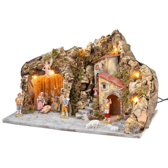 Presepe illuminato con fontana e statuine Landi cm 51x33x32 h