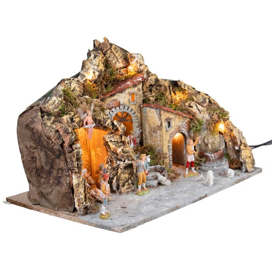 Presepe illuminato con fontana e statuine Landi cm 51x33x32 h