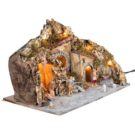 Lit nativity scene with fountain and Landi figurines 51x33x32