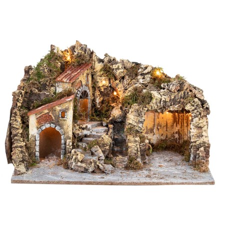 Illuminated nativity scene with cave and waterfall cm 51x33x32 h
