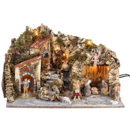 Illuminated nativity scene with waterfall and Landi figurines cm 51x33x32 h