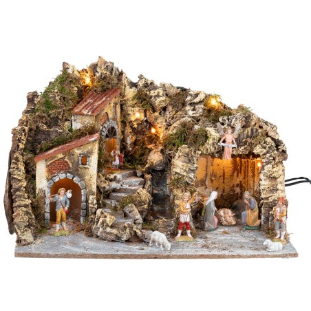 Illuminated nativity scene with waterfall and Landi figurines