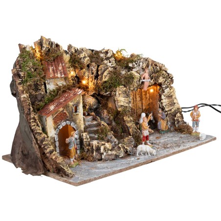Pesebre iluminado con cascada y figuritas Landi cm 51x33x32 h