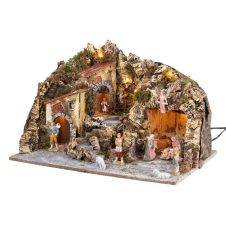 Pesebre iluminado con cascada y figuritas Landi cm 51x33x32 h