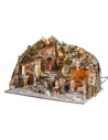Illuminated nativity scene with waterfall and Landi figurines