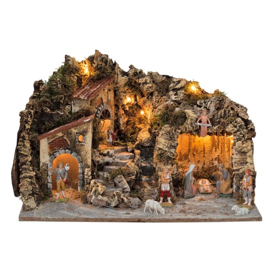 Illuminated nativity scene with waterfall and Landi figurines